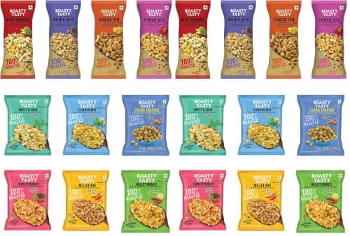 Roasty Tasty Assorted Healthy Snacks & Sweets Pack of 13 | Roasted Namkeen Snack & Millet Chikki Bar Mix | Sugar Free Chikki | Palm Oil Free Lite Namkeen | Diet Namkeen Combo for Adults | — image 6
