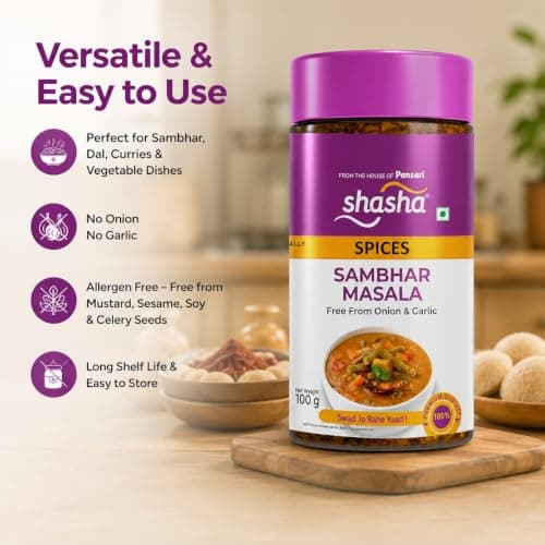 Shasha Sambhar Masala 100g - Spice Mix for Authentic South Indian Sambhar - No Onion or Garlic - From the House of Pansari — image 6