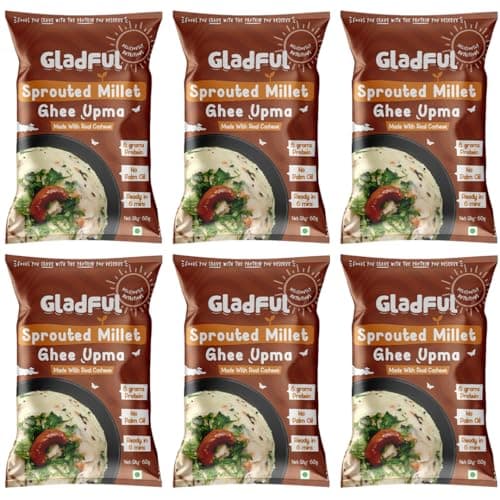 Gladful Sprouted Millet Instant Ghee Upma Mix - No Palm Oil, Trans Fat & Maida - Made with Jawar, Ragi and Suji/Rawa, Ghee & Cashew - Multigrain Protein Breakfast Healthy Snack - Pack of 6 (60g each)