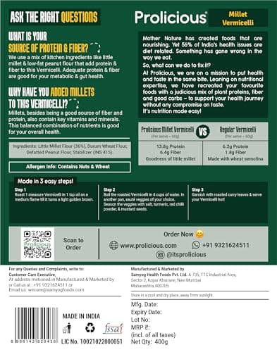 Prolicious Millet Vermicelli | High Protein & High Fiber | Nutritious | Plant Based | No Palm Oil | No Maida | Quick & Healthy Breakfast Option | 400g each (Pack of 3) — image 3