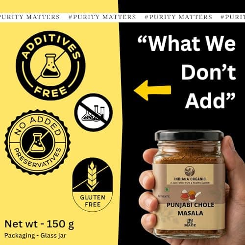 Indiana Organic Punjabi Chole Masala | Authentic North Indian Spice Blend | No Preservatives, No Additives, Gluten Free | Freshly Ground Whole Spices | Homemade Taste | 150g Glass Jar | No onion & garlic added — image 4