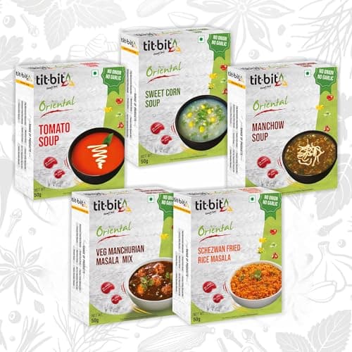 Tit-Bit Oriental - No Onion No Garlic Veg Manchurian Masala, Schezwan Fried Rice Masala, Tomato, Sweet Corn & Manchow Soup - Quick & Easy to Make - Pack of 5 (250g) — image 7