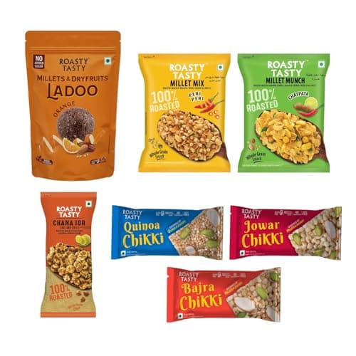 Roasty Tasty Assorted Healthy Snacks & Sweets Pack of 13 | Roasted Namkeen Snack & Millet Chikki Bar Mix | Sugar Free Chikki | Palm Oil Free Lite Namkeen | Diet Namkeen Combo for Adults | — image 5