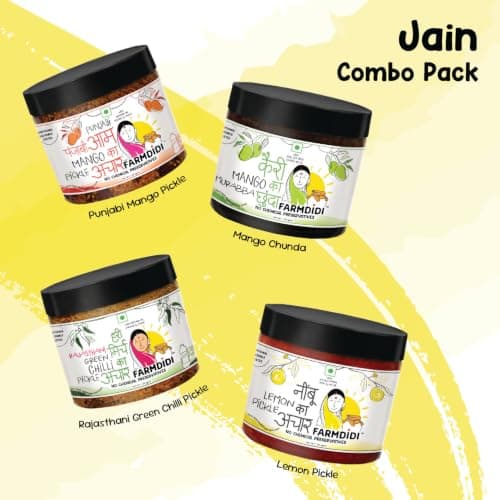 FarmDidi Jain-Friendly Pickle Combo – Pack of 4 x 325g | Punjabi Mango, Mango Chunda, Crushed Lemon & Rajasthani Green Chilli Pickles | No Onion & Garlic | Homemade | Less Oil | Preservative-Free — image 3