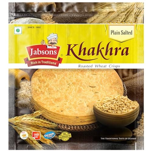 Jabsons Plain Salted Khakhra 100% Roasted | No onion No Garlic | Ready To Eat Vacuum Packed Tea Time Snack | Crispy Diet Friendly Khakhra | Gujarati Traditional Healthy Snacks 180 gm (Pack of 1)