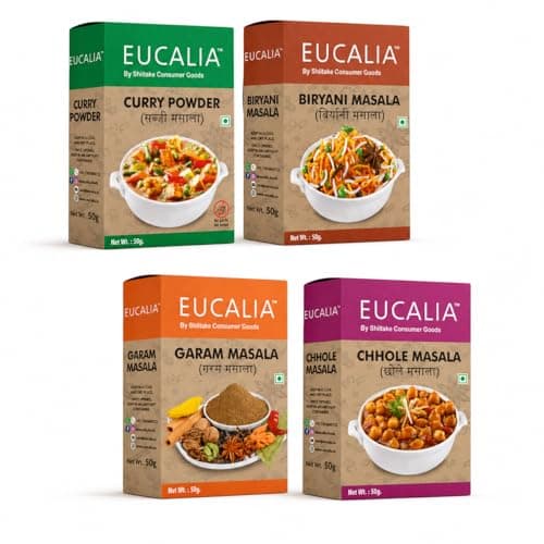 EUCALIA SATTVIK (No Onion No Garlic) Masala Range | Curry Powder (Sabji Masala), Biryani Masala, Garam Masala & Chhole Masala Combo (50g Each)| No Preservatives, No Added Colours, No Artificial Flavours