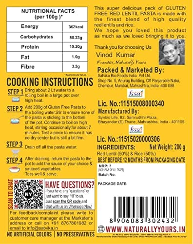 Naturally Yours Red Lentil Pasta | 200g Pack | Gluten-Free, No Maida, No Onion No Garlic, 100% Jain Friendly, Vegan, Preservative-Free | High Plant Protein & Fiber | Healthy Pasta | Pack of 1 — image 2
