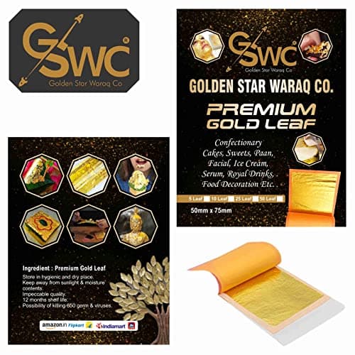 24k Pure Edible Gold Vark Golden Leaf 50MMx50MM Gold Foils 25 Sheets for Cake Sweets ayurvedic Medicine face Treatment Anti Aging spa (30) — image 2