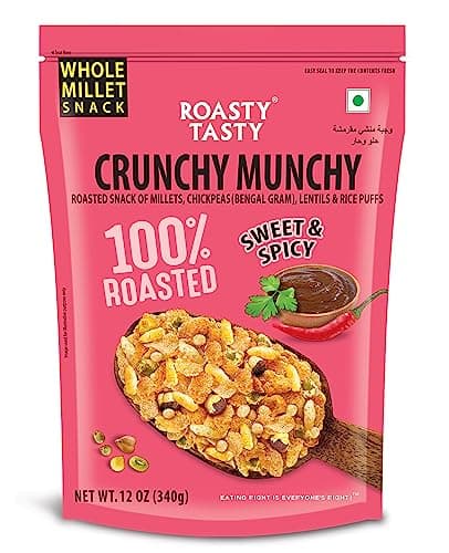 Roasty Tasty Crunchy Munchy 340g | Healthy Snack | No Onion No Garlic | Ideal Millet Namkeen for Kids & Adults | Low Calorie Snacks - Roasted Namkeen - No Cholesterol, No Transfat Diet Mixture in Peri Peri Masala | Millet Snacks Items