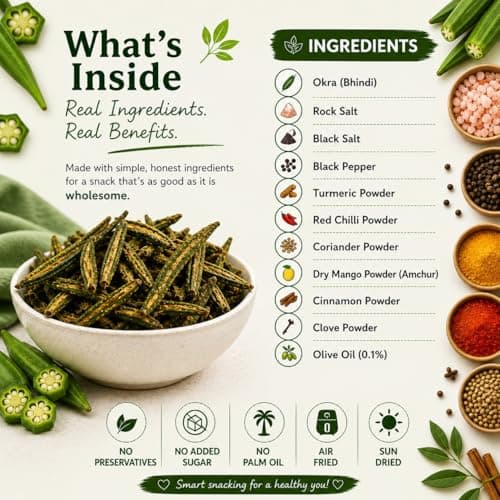 GRABZ Crispy Jain Bhindi Okra Chips without Onion ,Garlic | Air-Cooked, Solar-Dehydrated |No Palm Oil | No Maida | Zero Cholestrol, Gluten Free Vegan Snacks| Low Cholesterol | High Fiber |Olive Oil & Spicy Masala Flavor | 20g Each (Pack of 3) — image 4
