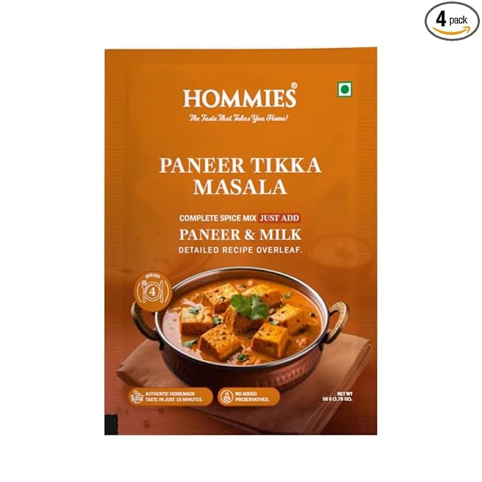 Hommies Dhaba Style Paneer Tikka Masala Curry Spice Mix | Ready to Cook in 15 mins | Just Add Paneer and Milk | Shahi Paneer Tikka Masala Spice Mix | Serves 4 | Made with Cashew Nuts | No Preservatives | 50 gm each (Pack of 4)