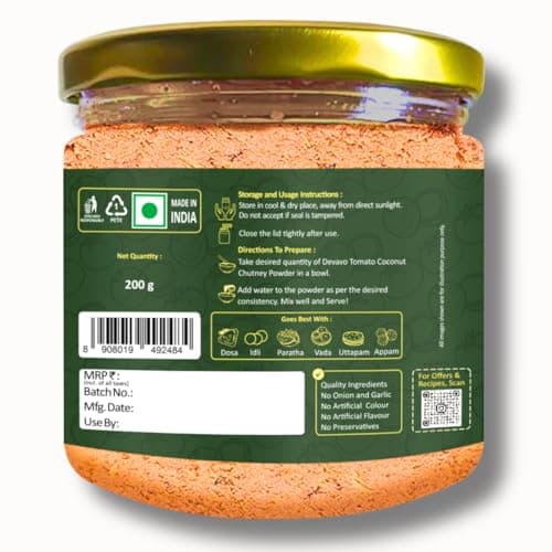 Devavo Tomato Coconut Chutney Powder | Just Add Water to Prepare | Authentic South Indian Recipe | No Onion & Garlic | No Artificial Colour & Flavour | No Preservatives (200 g) — image 8