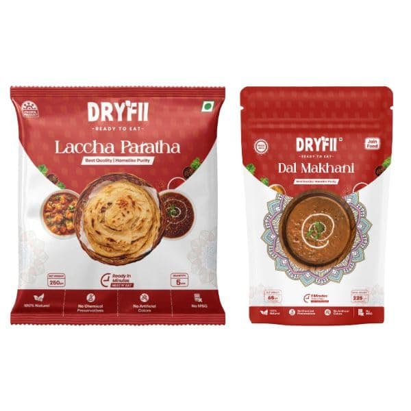 Dryfii Ready to Eat Laccha Paratha (5 Pieces, 1 Pack) & Jain Dal Makhani Combo | Freeze Dried | Creamy North Indian Meal | Quick Lunch & Dinner
