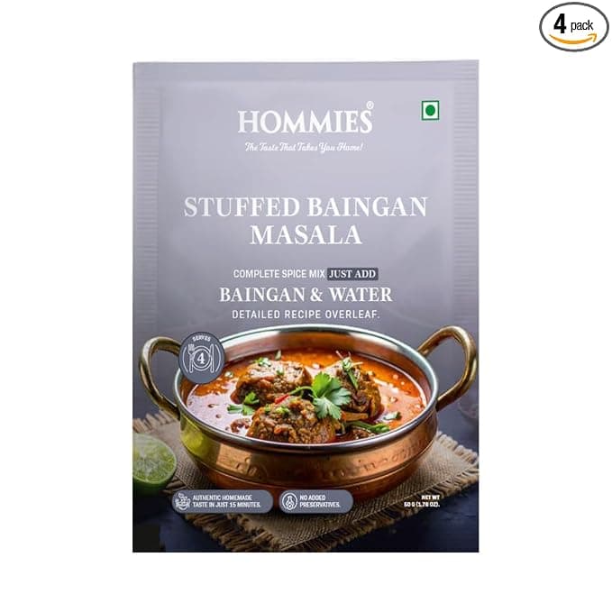 Hommies Stuffed Baingan Bharta Masala Spice Mix | Ready to Cook in 15 Mins | Just Add Eggplant & Water | Serves 4 | Authentic Curry Masala with Groundnut | No Preservatives | Pack of 4 (200g, 50g Each)