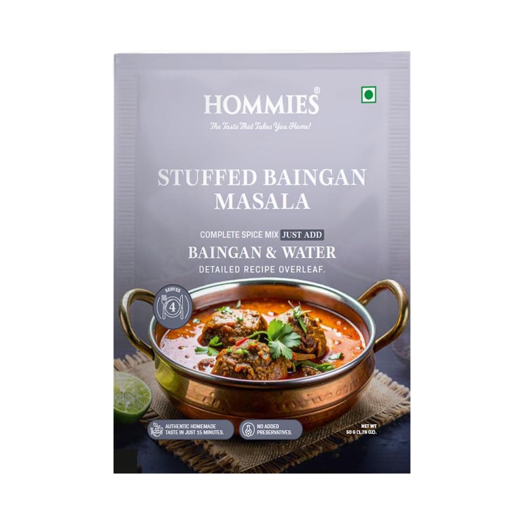 Hommies Stuffed Baingan Bharta Masala Spice Mix | Ready to Cook in 15 Mins | Just Add Eggplant & Water | Serves 4 | Authentic Curry Masala with Groundnut | No Preservatives | Pack of 4 (200g, 50g Each) — image 2