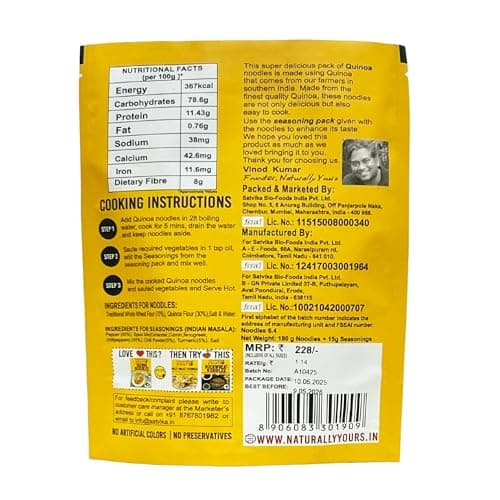 Naturally Yours Quinoa Hakka Noodles | Made with Quinoa & Whole Wheat | No Maida, No Onion No Garlic, 100% Jain Friendly, Non-Fried, Vegan, Preservative Free, No MSG | High Protein & Fiber | Tastemaker Included | 180g (Pack of 2) — image 2