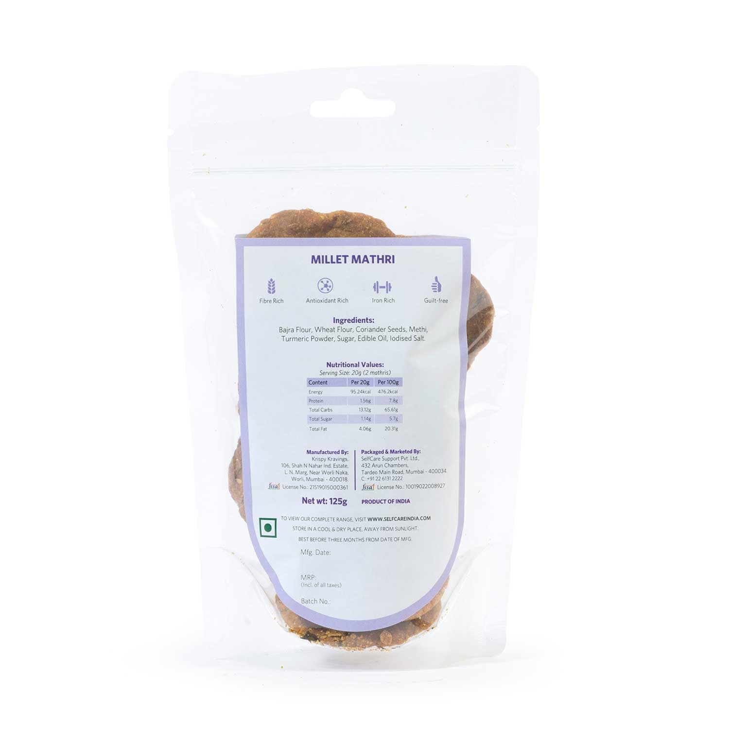 SelfCare By Suman Agarwal Millet Mathri Pack of 1 125g | Vegan - Gluten Free - Fiber Rich | Savoury - Snacks - Namkeen - Grocery | Mid Day - Workout - Tea time Snacking | Jain & Travel Friendly — image 8