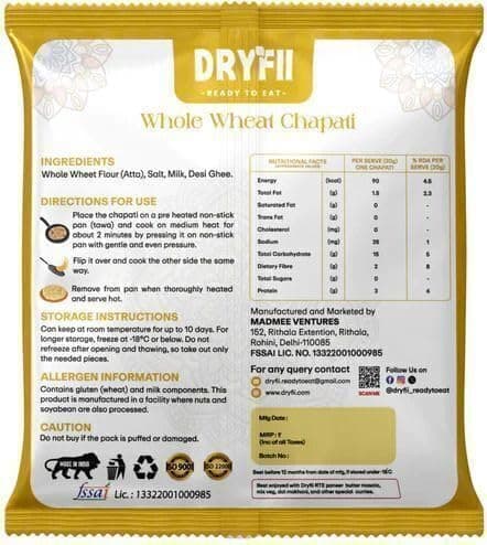 Dryfii Ready-to-Eat Chapati (6 Pcs | 1 Pack) with Jain Upma | No Onion No Garlic Light Meal | Healthy Instant Indian Food | Travel Friendly Breakfast & Lunch Pack | Pure Vegetarian — image 2
