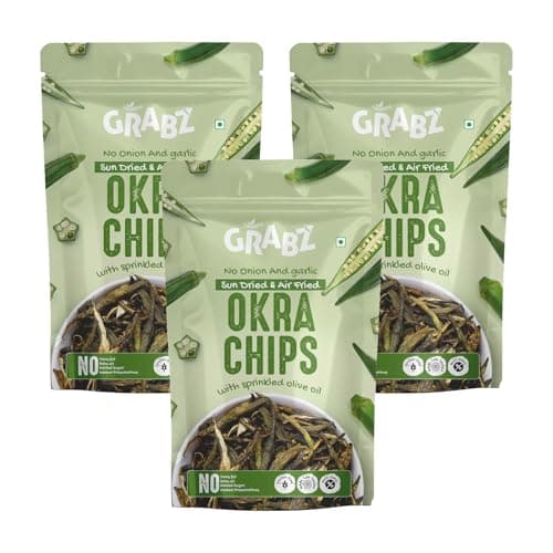 GRABZ Crispy Jain Bhindi Okra Chips without Onion ,Garlic | Air-Cooked, Solar-Dehydrated |No Palm Oil | No Maida | Zero Cholestrol, Gluten Free Vegan Snacks| Low Cholesterol | High Fiber |Olive Oil & Spicy Masala Flavor | 20g Each (Pack of 3)