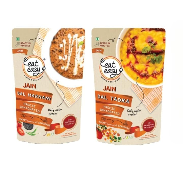 Eat Easy Ready To Eat Jain Meal Combo- Dal Tadka & Dal Makhani (62g Each) | No Garlic No Onion Ready to Eat & Cook Travel Food | Freeze Dehydrated | 100% Veg | No Preservatives | Just Add Water Instant Food