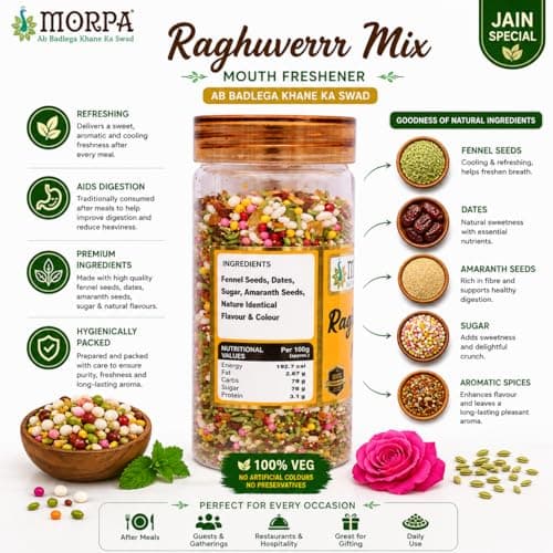 Morpa Raghuverr Mix Mouth Freshener Jain Special Mukhwas with Fennel Seeds Sugar Coated Saunf and Aromatic Spices Refreshing After Meal Digestive 200g — image 4