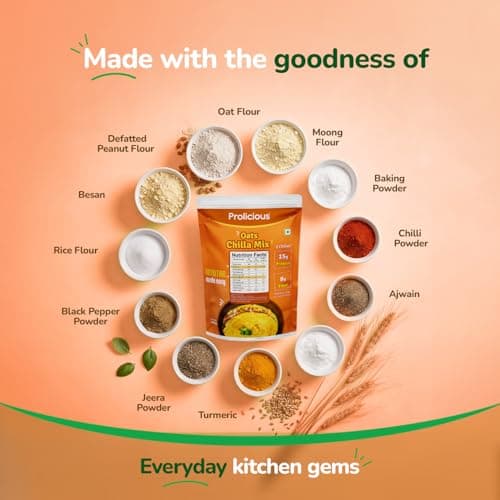 "Prolicious Oats Chilla Mix | Upgrade Your Breakfast | 15g Protein + 6g Fibre Per Serving | High Protein & Fibre Instant Breakfast, Ready in 3 Min | Tasty & Healthy Masala Breakfast | Oats, Moong & Peanut Flour | For the Whole Family | 400g — image 4