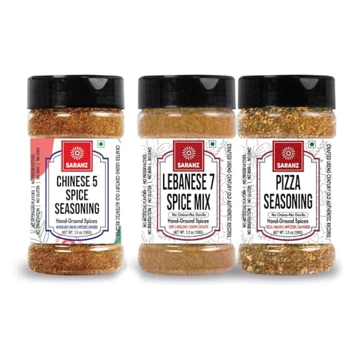 SARANZ Lebanese 7 Spice, Pizza Mix Jain & Chinese 5 Spice Jain Seasoning ( Combo Pack Of 3 ) Batata Harra Masala | Perfect for Snacks, Appetizers, Main Dishes and Flavoured Vegan | Middle East Seasonings | 100 Gm Sprinkler Jar