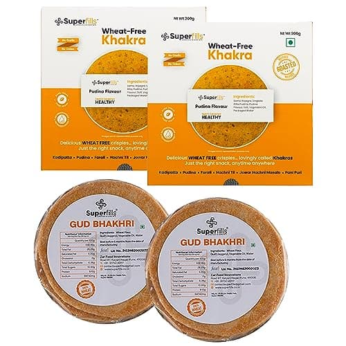 Superfills Combo Wheat-Free (Gluten Free) Pudina Khakhra | Chili Garlic Bhakhri Diet, Weight Loss, High Protein & Fiber - | Roasted Gujarati Snacks No Garlic & No Onion Chai Time (Pack of 2, 400g) — image 3