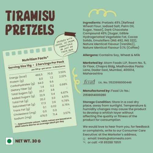 Atom Eats | Tiramisu Pretzels 30g - (Pack of 3) | Coffee & Cocoa Coated Dipped Pretzel Knots | Rich Choco - Perfect Gourmet Snack for Sharing, Parties - Imported Chocolates, Versatile Delight | 100% Baked | Preservative Free — image 2