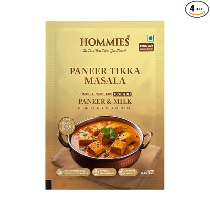Hommies Dhaba Style Jain Paneer Tikka Masala Curry Spice Mix | No Onion No Garlic | Ready to Cook in 15 Mins | Just Add Paneer & Milk | Authentic Jain Curry Masala | Serves 4 | No Preservatives | Pack of 4 (200g, 50g Each)