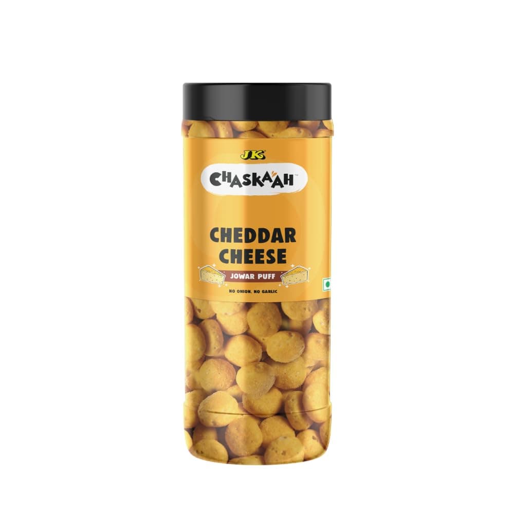 Chaskaah Cheddar Cheese Jowar Puff, 75g by JK | Vegan| Gluten Free| Dry Roasted|MSG Free| Low Cholestrol| Rich in Calcium|Gourmet| Puffed Snacks| Jain