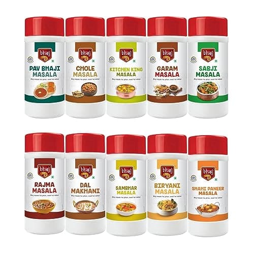 Bhoj Masale Pav bhaji, Chole, Kitchen King, Garam Masala, Sabji, Rajma, Dal Makhani, Sambhar, Biryani And Shahi Paneer Masala Powder Combo Pack Net 450GM Each | Blended Range Masale For Kitchen. No Onion and No Garlic (Jain Friendly) - Net Total 4.5 kg ( 4500 grams - 450g x 10 )