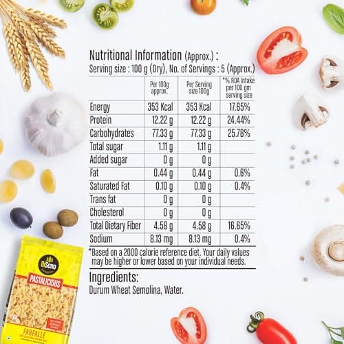 DiSano Farfalle Pasta 500g, Healthy Pasta, Made with 100% Durum Wheat Semolina, 100% Suji, No Maida, Source of Protein & Fibre, Non-Sticky — image 2