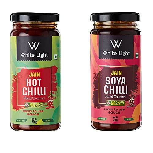 White Light Food Jain Hot Chilli Sauce and Jain Soya Chilli Sauce l Vegan and Natural Ingredients l Ready to Eat Healthy Food (Combo Pack of 2, 250gm Each)