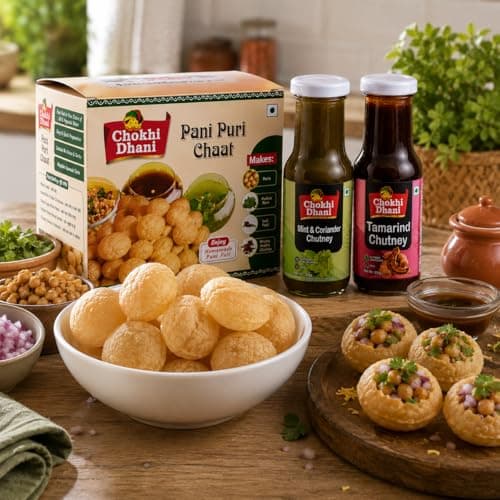 Chokhi Dhani Pani Puri Chaat Kit with Mint & Coriander Chutney (210g) & Tamarind Chutney (250g) | Crispy Flat Puris, Pudina Pani & Imli Chutney | No Onion No Garlic — image 2
