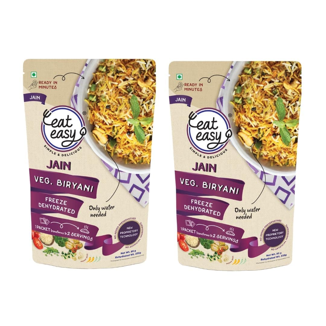 Eat Easy Ready To Eat Jain Veg Biryani- 95gm (Pack of 2) | Freeze Dehydrated, No Moisture, Lightweight, Instant Spiced Vegetable Rice with Cow Ghee & Paneer | No Onion, No Garlic, Just Add Water & Cook Food for Quick Lunch, Dinner — image 2