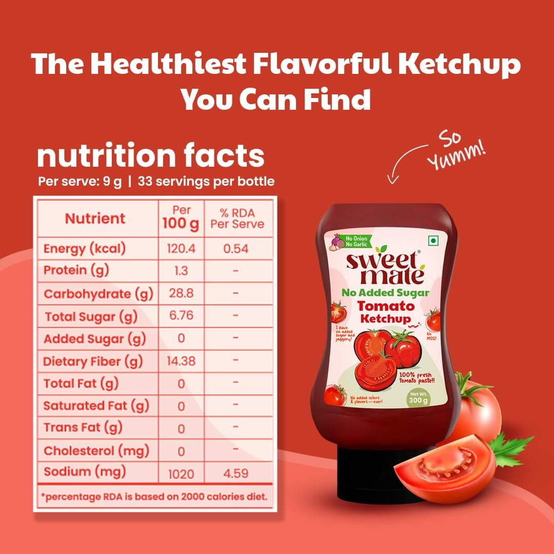 Sweetmate No Garlic Onion Tomato Ketchup | No Added Sugar & Jaggery | Jain & Fasting Friendly | Tastes Like Regular Ketchup | No Artificial Colors, Flavours or Thickeners | Ideal for All Ages – 300g — image 2