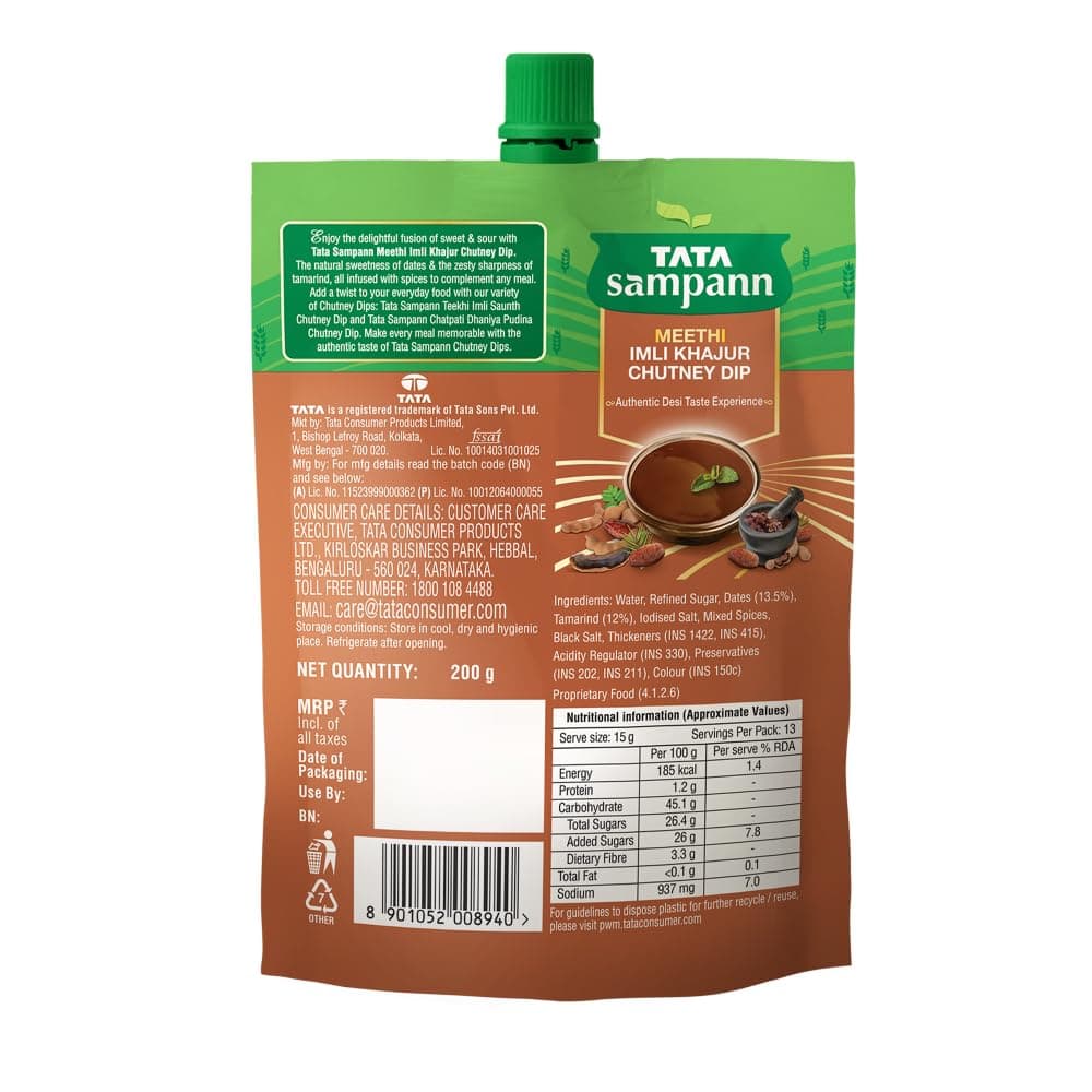 Tata Sampann Meethi Imli Khajur Chutney Dip, Made with Tamarind & Dates, Sweet & Tangy Flavour, Ready to eat, Pairs Well with Chaats & Snacks, Quality Ingredients, Hygienically Prepared, 200 g — image 9