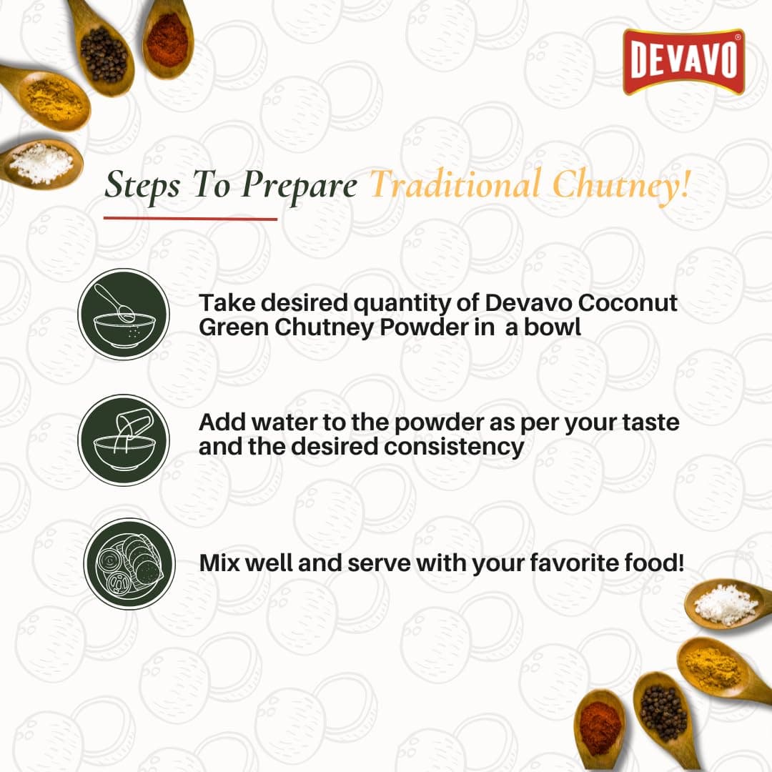 Devavo Coconut Green Chutney Powder | Just Add Water to Prepare | Authentic South Indian Recipe | No Onion & Garlic | No Artificial Colour & Flavour | No Preservatives (200 g) — image 6