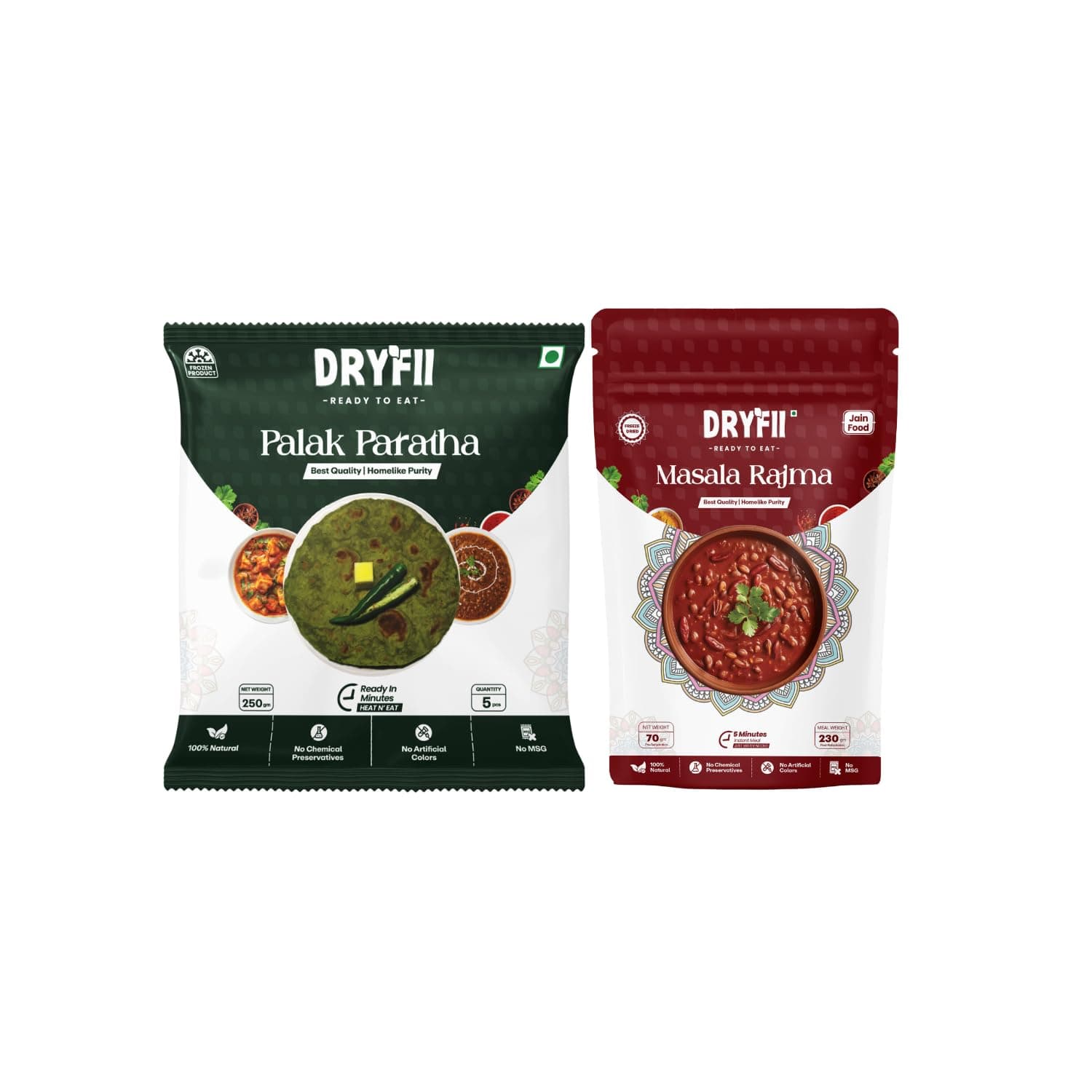 Dryfii Ready-to-Eat Palak Paratha (5 Pcs | 1 Pack) with Jain Rajma | Wholesome No Onion No Garlic Meal | Pure Vegetarian