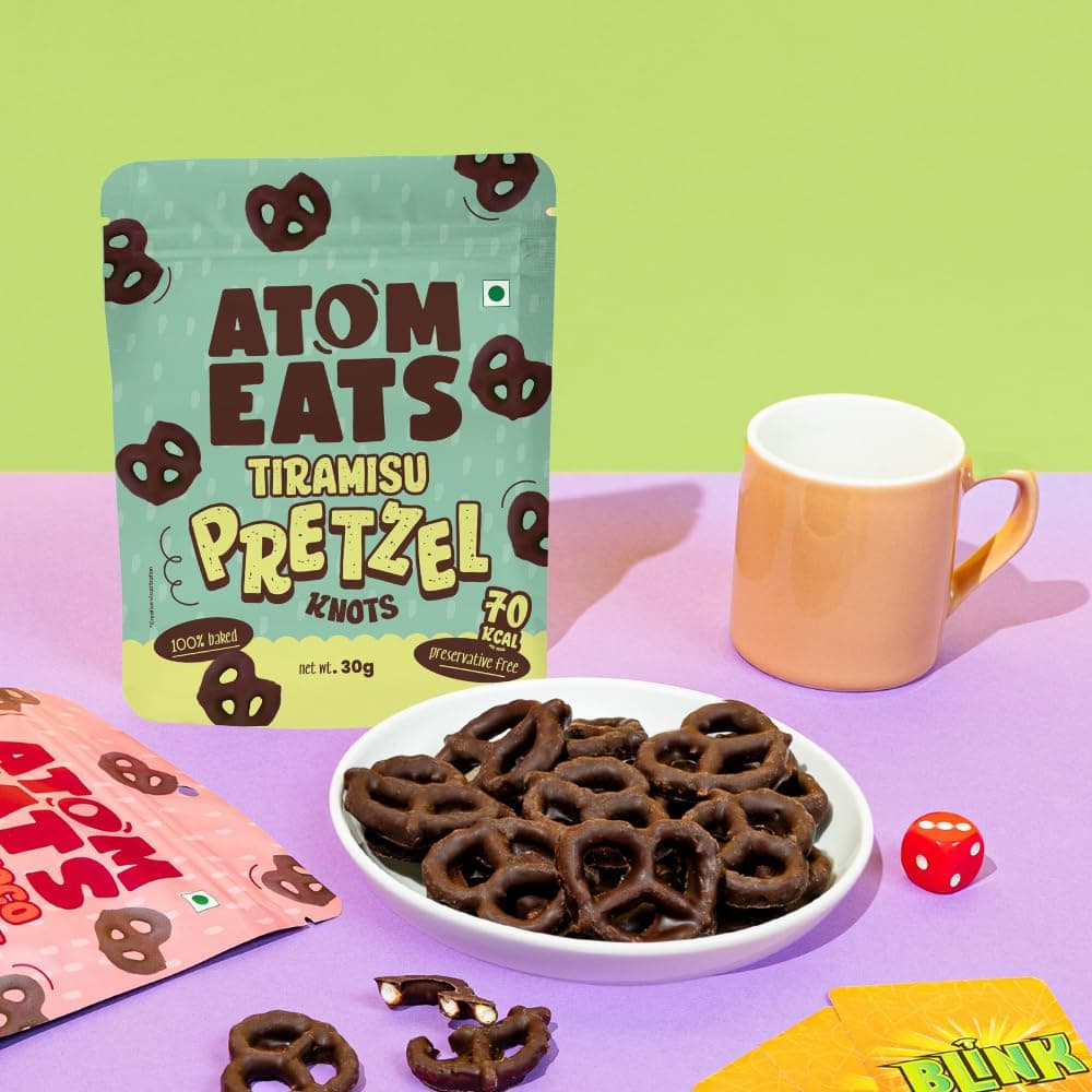 Atom Eats | Tiramisu Pretzels 30g | Pack of 1 | Coffee & Cocoa Coated Dipped Pretzel Knots | Rich Choco - Perfect Gourmet Snack for Sharing, Parties - Imported Chocolates, Versatile Delight | 100% Baked | Preservative Free — image 3