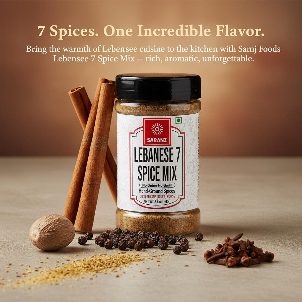 SARANZ Lebanese 7 Spice Mix Jain Exotic Seasoning | Batata Harra Masala Perfect for Snacks, Appetizers, Savouries, Main Dishes Aromatic and Flavoured Vegan | Middle East Seasonings - 100 Grams — image 3