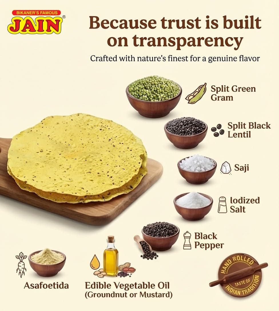 JAIN Papad Moong Dal Special, Light Masala, 400g, Papad Size-10 Inches, Handmade, Zipper Packing, No Preservatives, Contains 22-24 Papads Per Pack — image 5
