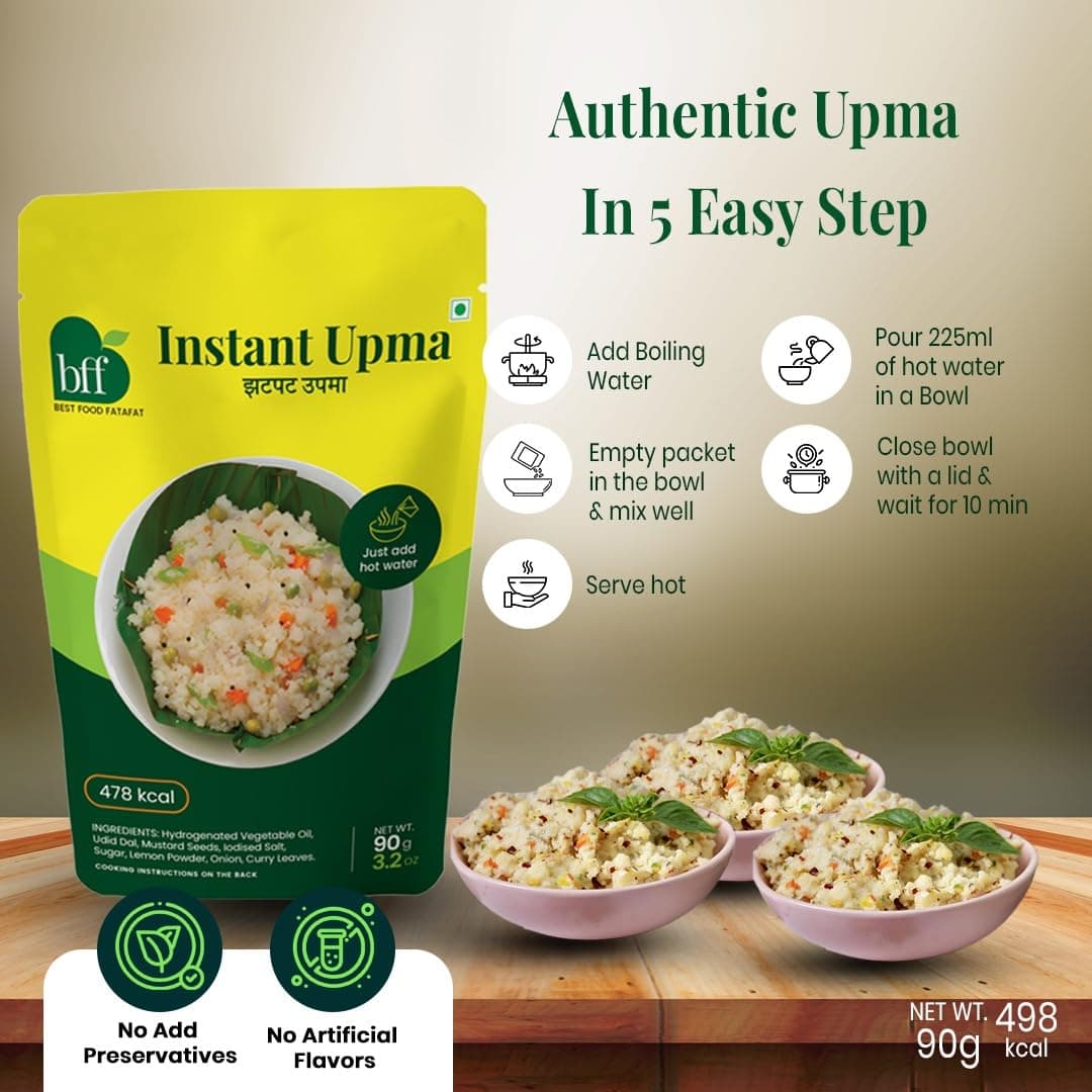 BFF Instant Upma 90g | Indian Breakfast Mix | Just Add Water | Made with Semolina & Spices | Convenient Meal for Home, Office & Travel (Pack of 2) — image 4