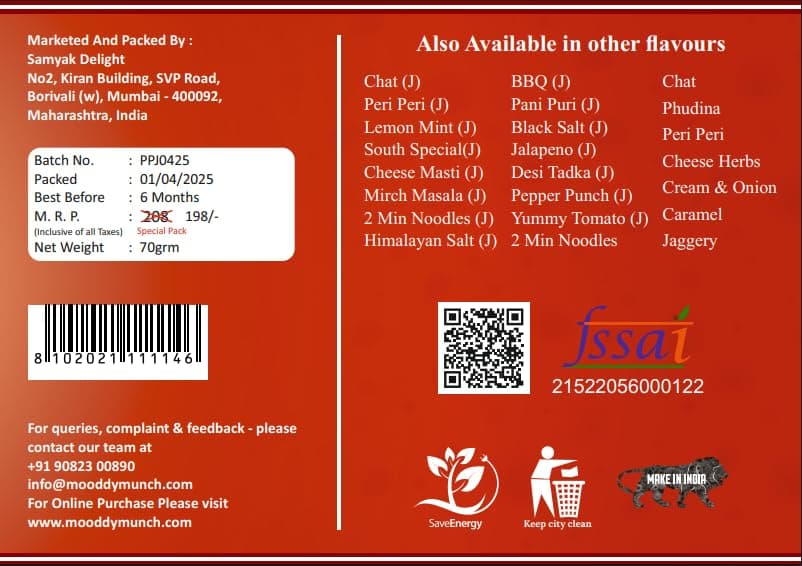 Mooddy Munch Peri Peri Jain Flavour & Roasted Makhana (70g) Indian Snacks, Jain Variety, No Onion No Garlic — image 3