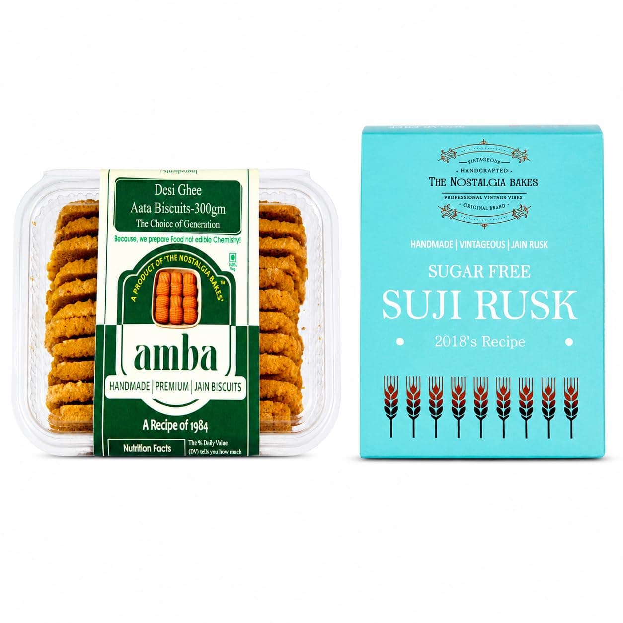Amba Handmade Jain Biscuit & Sugar Free Suji Rusk Combo Pack | Traditional Desi Ghee Atta Biscuits & Crispy Tea-Time Toast | Premium Nostalgic Bakery Snacks — image 2