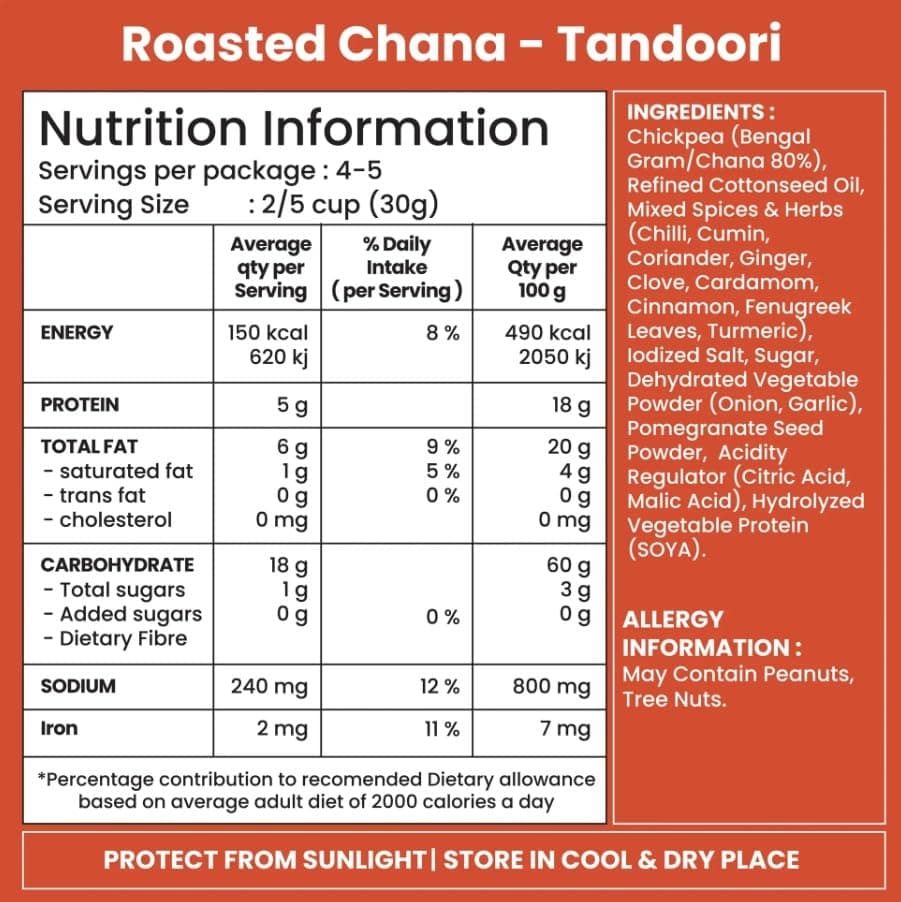 Jabsons Roasted Chana Tandoori – 140g | Skinless Roasted Chana with Tandoori Flavor | High Protein | Ready to Eat Bhuna Chana | Healthy Indian Snack | No Fry, No Onion Garlic — image 3