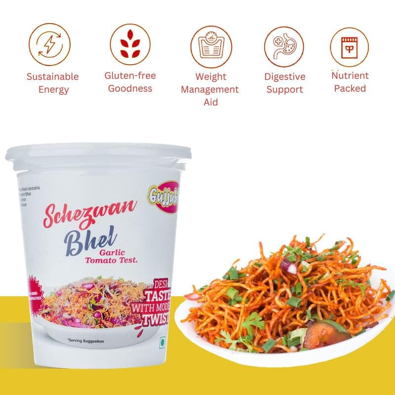 Gujjubhai Jain Bhel & Schezwan Bhel Combo – 80g x 8 | Instant Spicy & Tangy Snack Mix | No Onion No Garlic | Ready-to-Eat Indian Street Food | Travel-Friendly Namkeen Pack — image 5