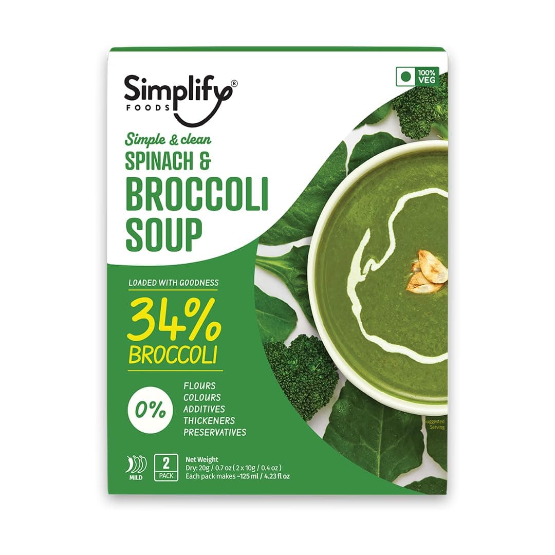 Simplify Foods Spinach & Broccoli Instant Soup | Pack of 2 Single-Serve Sachets (Each Makes ~125 ml) | Made with 34% Real Spinach & Broccoli | Just Add Hot Water | Travel-Friendly | Clean Label | 0% Additives or Preservatives