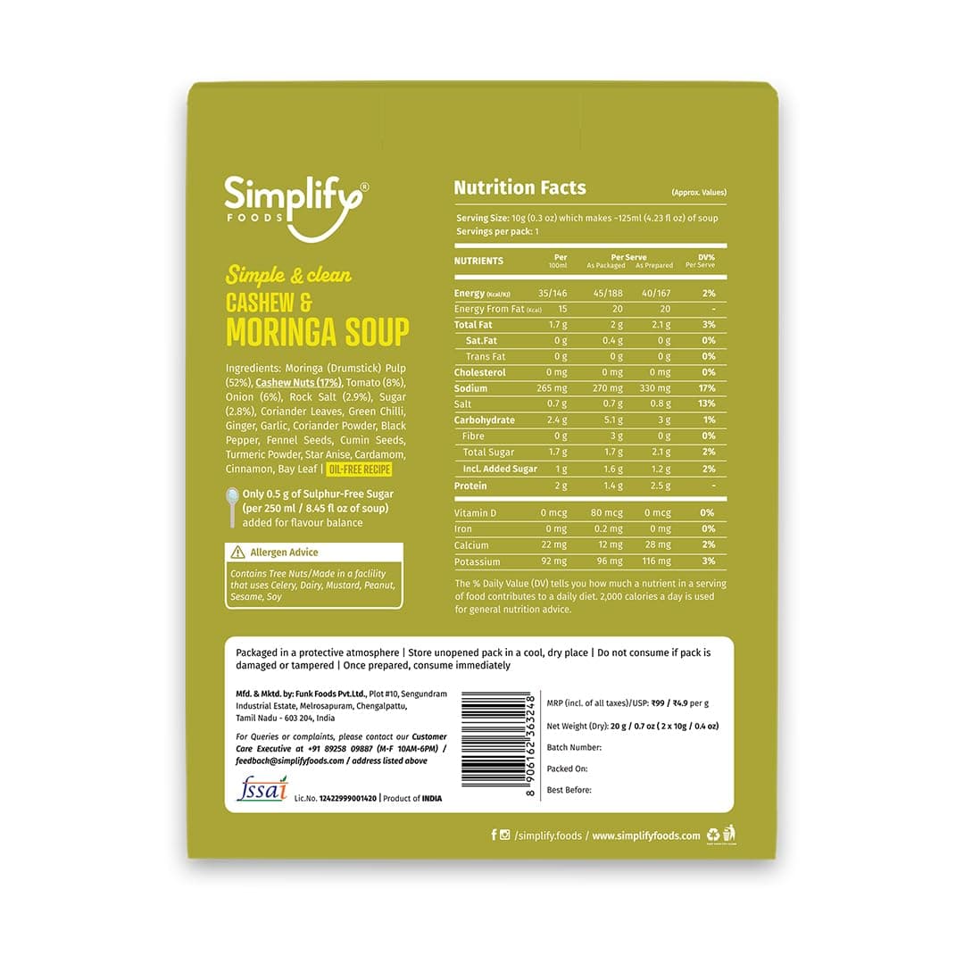 Simplify Foods Cashew & Moringa Instant Soup | Pack of 2 Single-Serve Sachets (Each Makes ~125 ml) | Made with 52% Real Moringa Pulp | Just Add Hot Water | Travel-Friendly | Clean Label | 0% Additives or Preservatives — image 2